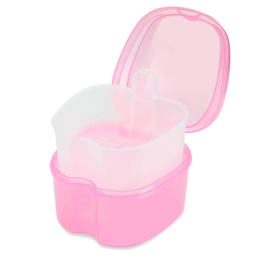 Dental Orthodontic Retainer Container Cleaning Case,Denture Bath Box Case Cup Holder, Mouthguard Storage Soaking Case - Pink